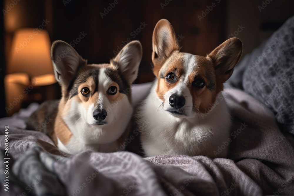 At home, a Pembroke Welsh Corgi dog and a gray kitten sit together on a bed under a cozy blanket. Ge