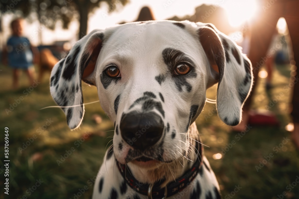 a dalmatian dog in a park looks at the camera. Generative AI