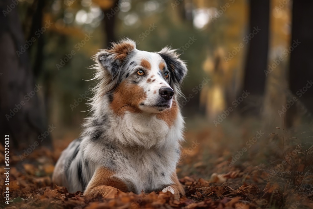 Young Australian Shepherd dog enjoying himself in a park during the summer. blank area for text. Gen