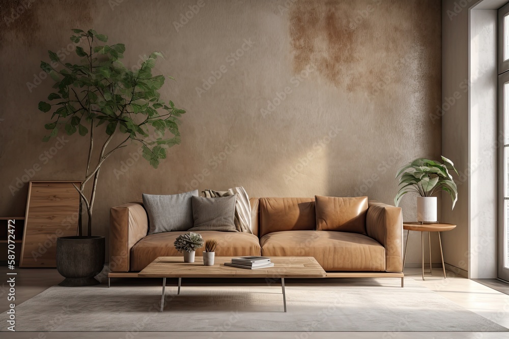 Warm toned concrete wall mockup with leather couch behind kitchen. Generative AI