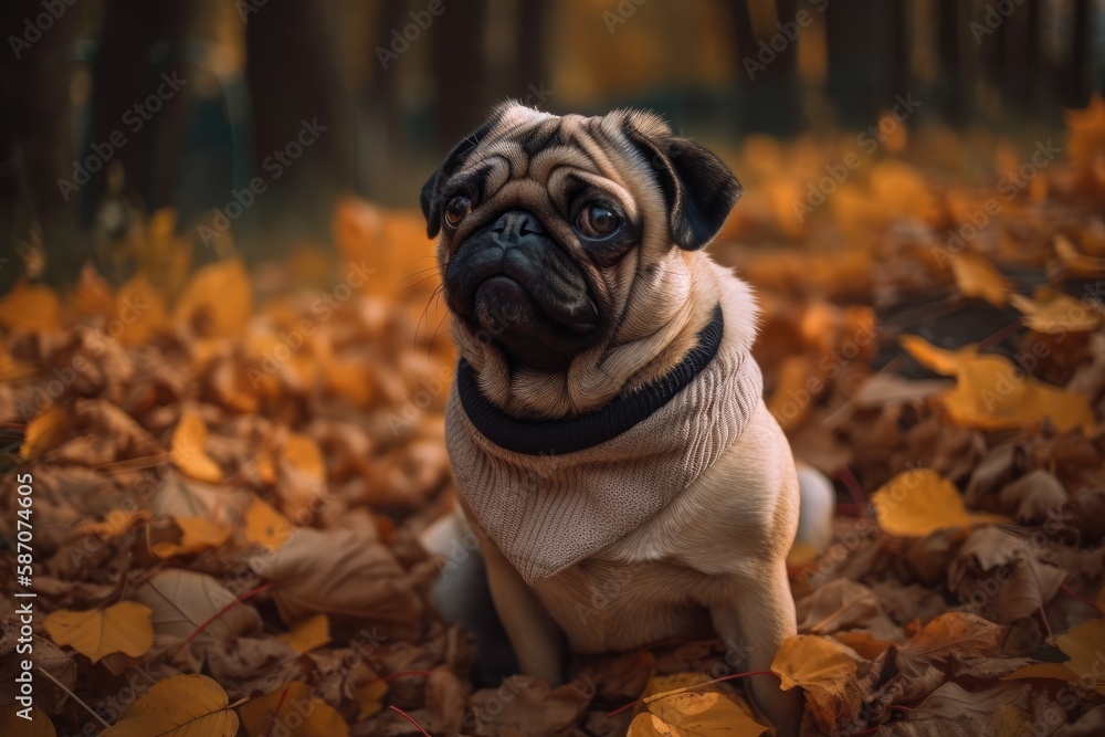 A young female pug breed sits on a blanket of dry yellow autumn leaves and late fall green grass. Re