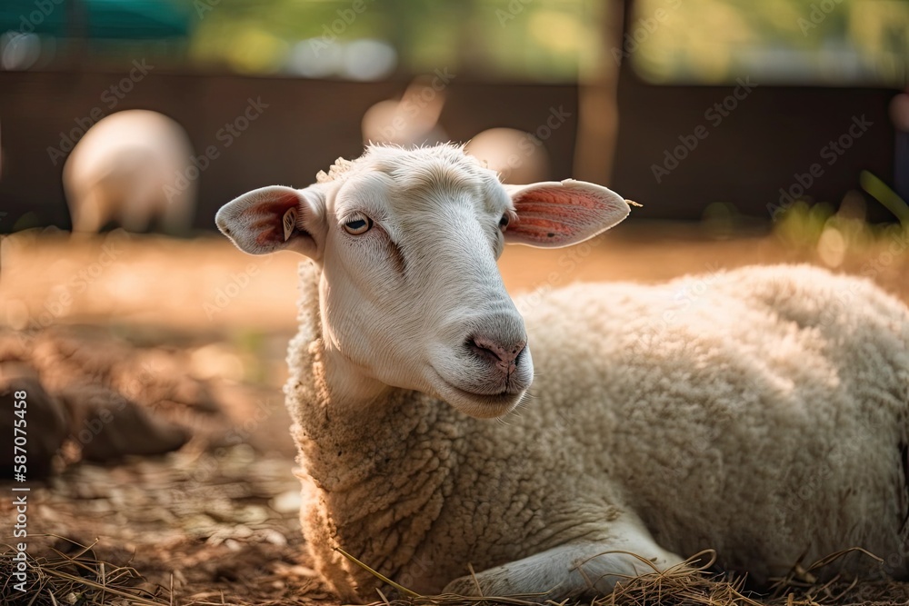 Portrait of a white sheep in a farm. Generative AI