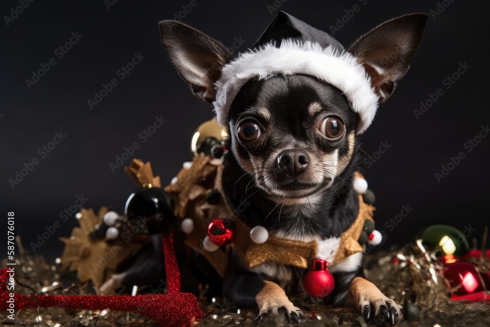 Festive image of a Miniature Chihuahua with Christmas decorations and a costume. Generative AI