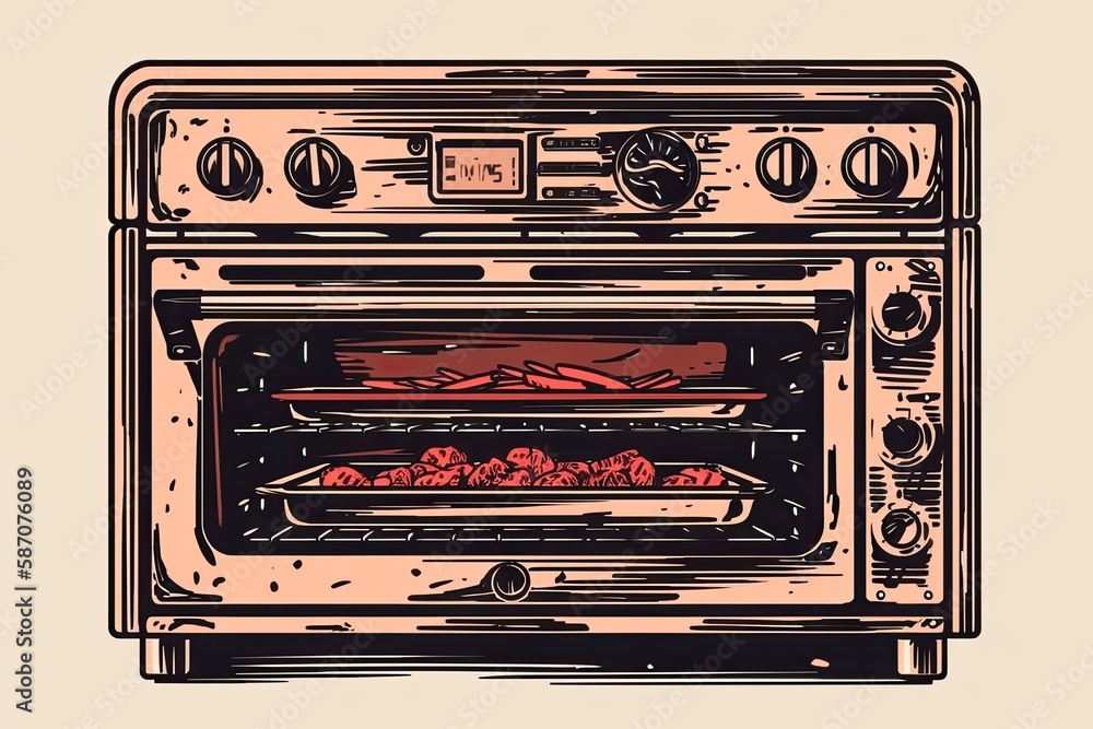 oven with delicious food cooking inside. Generative AI