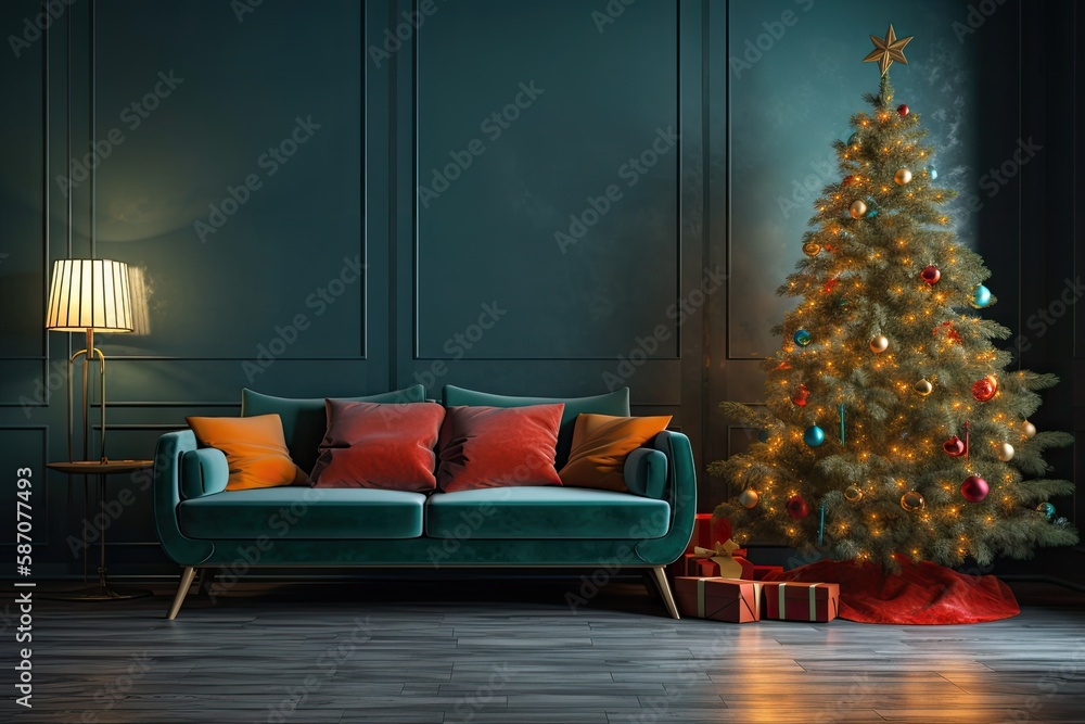 Christmas tree and sofa in the living room,. Generative AI