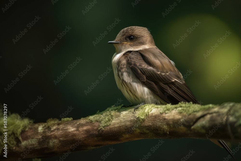 North American Rough winged Swallow close up profile shot, sitting on a branch, showing off its brow