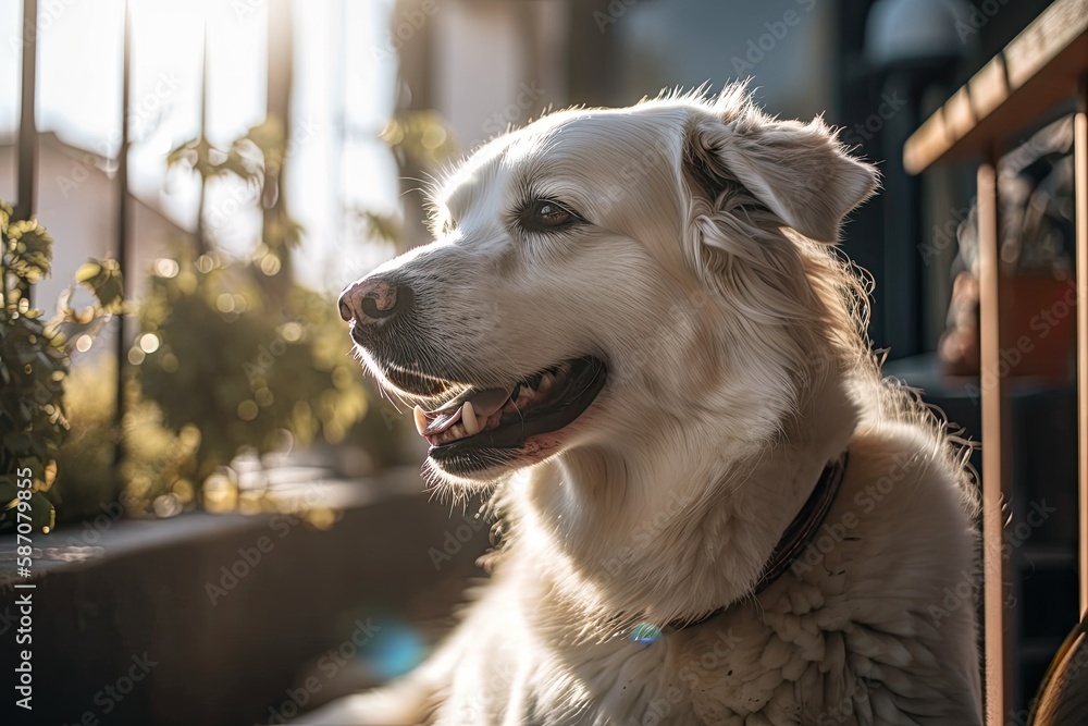 Dog is enjoying the sunshine on the balcony while being petted by his owners. selective attention. G