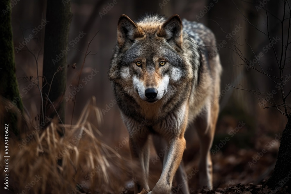 Wolf Prowling Through The Woods. Generative AI