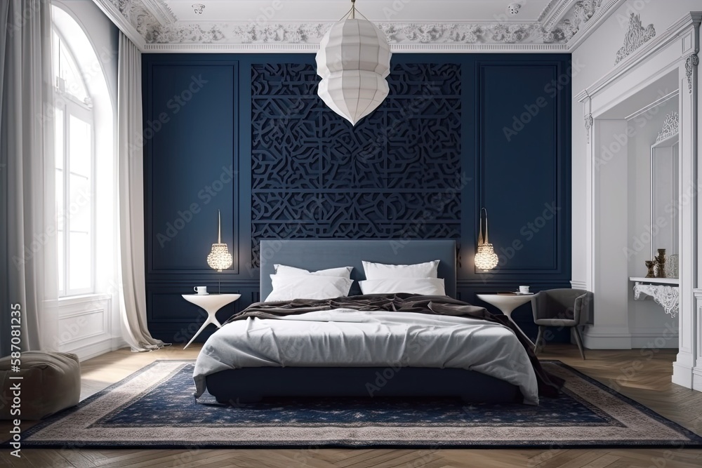 White and deep blue bedroom with king size bed and elegant carved furnishings. Modern minimalist bed