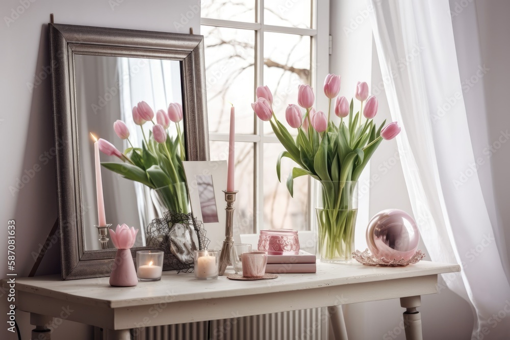 Easter spring interior design. Pink tulips with birch tree branches arranged in a glass vase. Mockup