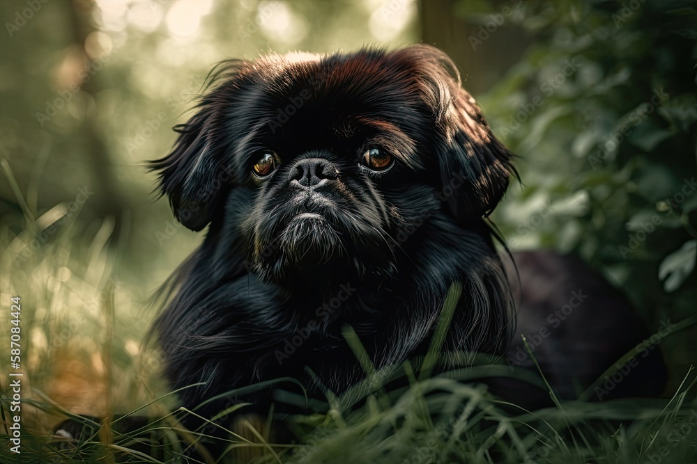 A dark colored Pekingese dog rests on some grass. Generative AI