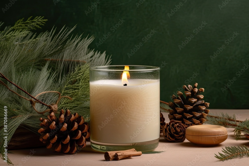 Glass jar with scented candle on kraft paper background with pine cone, green leaves, and flowers. b