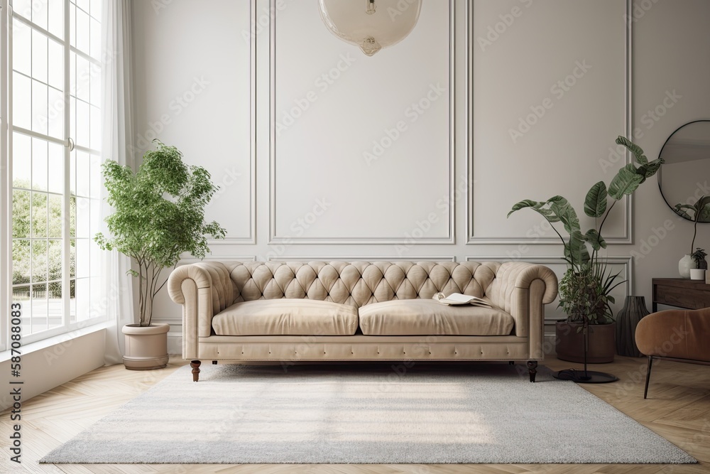 Farmhouse living room mockup wall, beige sofa on white wall backdrop,. Generative AI