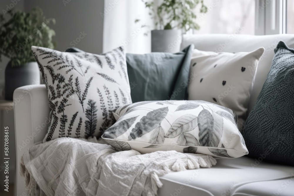 Sofa decorative pillows with white pillowcases. Grey cozy plaid on living room sofa or armchair. Boh