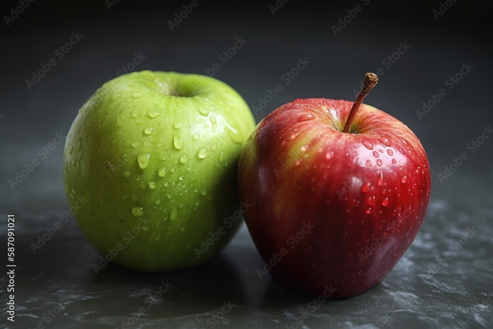 two apples, one green and one red, placed side by side on a white background. Generative AI