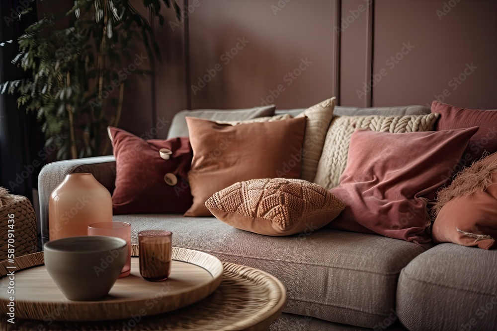 A sofa with a variety of colored cushions next to a wooden side table with decorative foliage plants