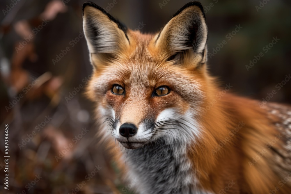 A close up photograph of a red fox (Vulpes vulpes) in Canadas Algonquin Park. Generative AI