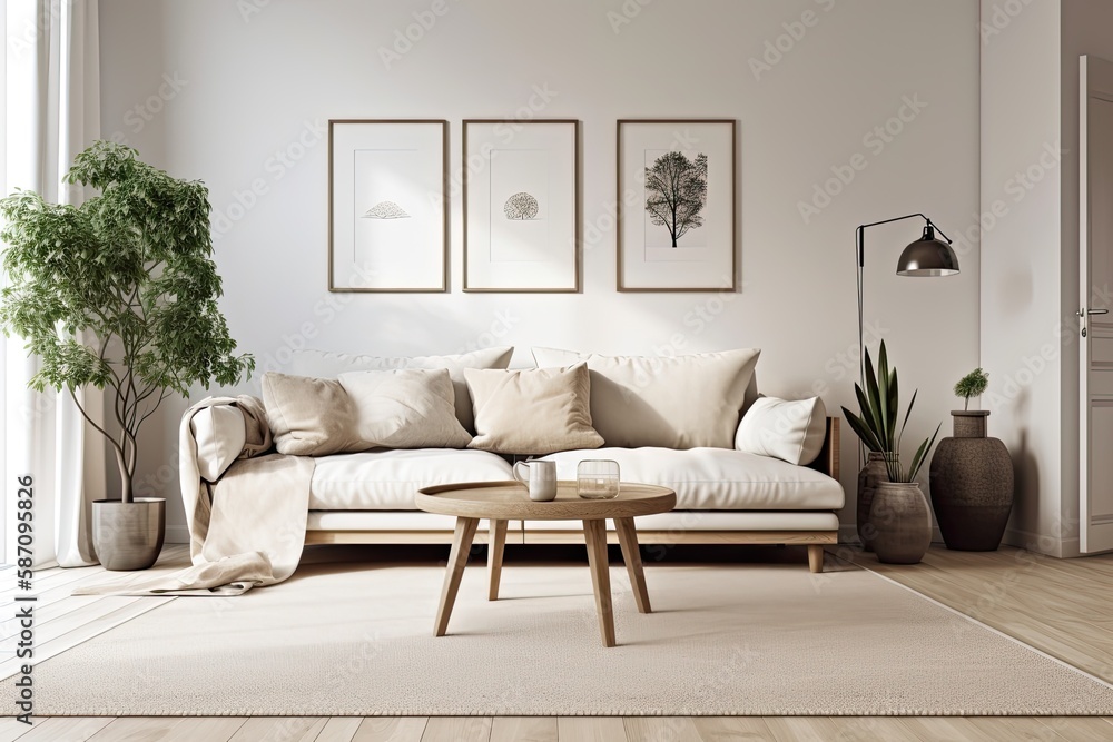 White and beige minimalist living room with carpeted floor and cloth couch. Frame mockup. Beautiful 