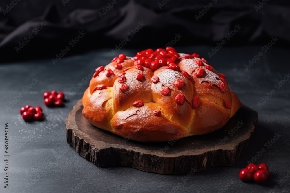 sweet cranberry bun topped with icing and pomegranate seeds. Generative AI