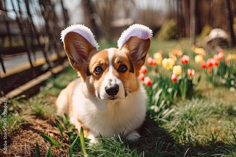 cute dog wearing bunny ears and resting on the green grass. Generative AI