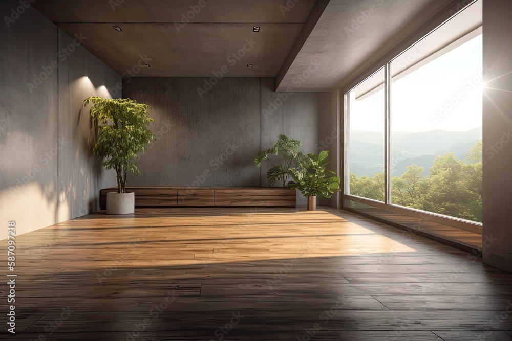 With a wood floor and a concrete wall in the foreground and a dark, empty chamber behind it. Generat