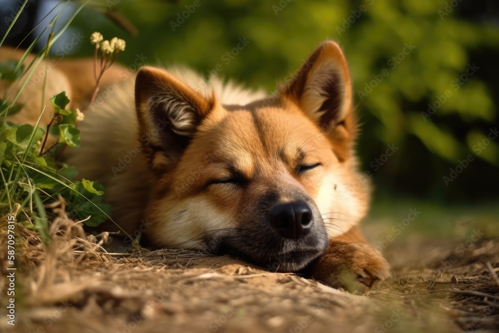 A sleeping dog on the ground. Generative AI