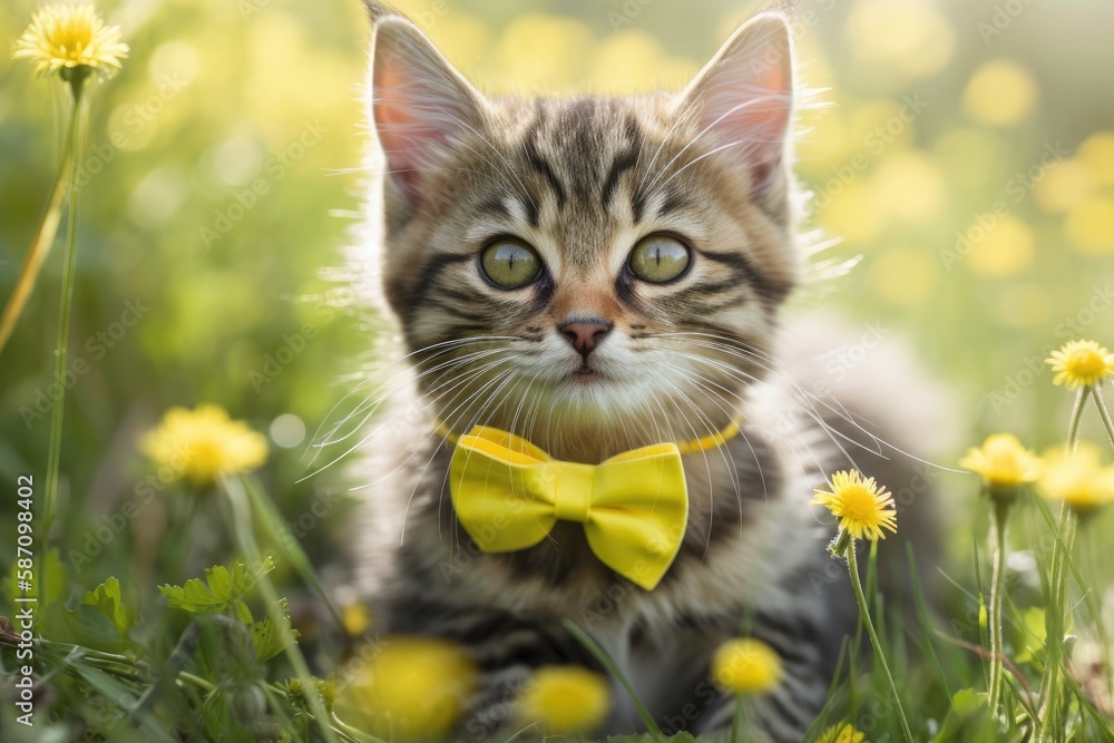 a kitty in dandelion blossoms with a bow tie. Generative AI