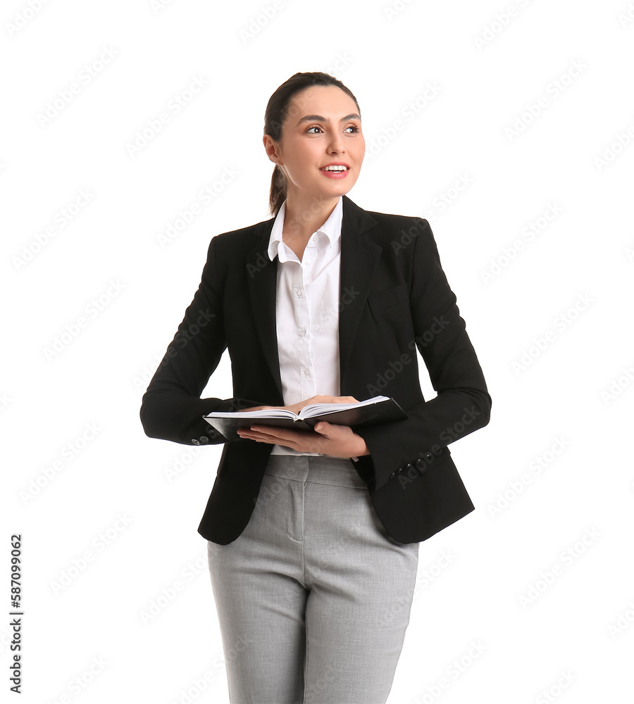 Female business consultant with notebook on white background