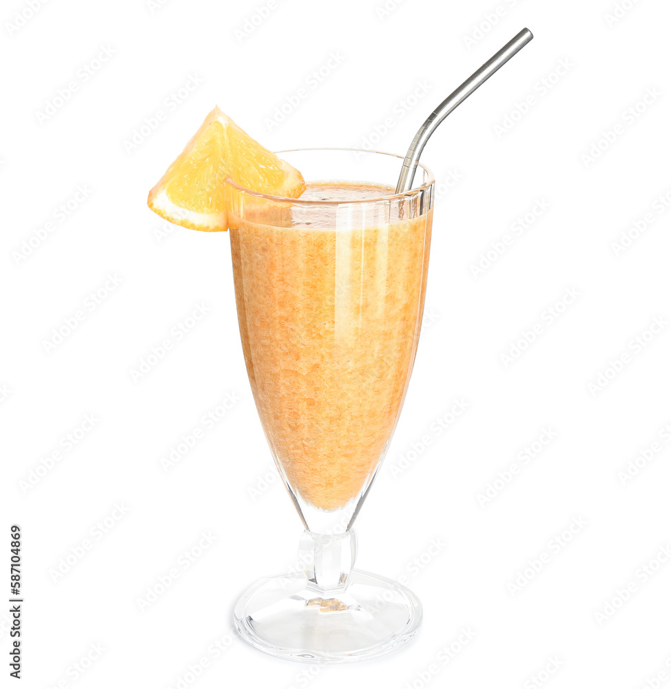 Glass of healthy orange smoothie isolated on white background