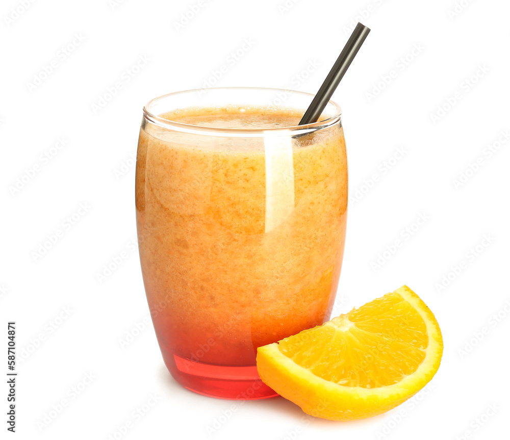 Glass of healthy orange smoothie isolated on white background