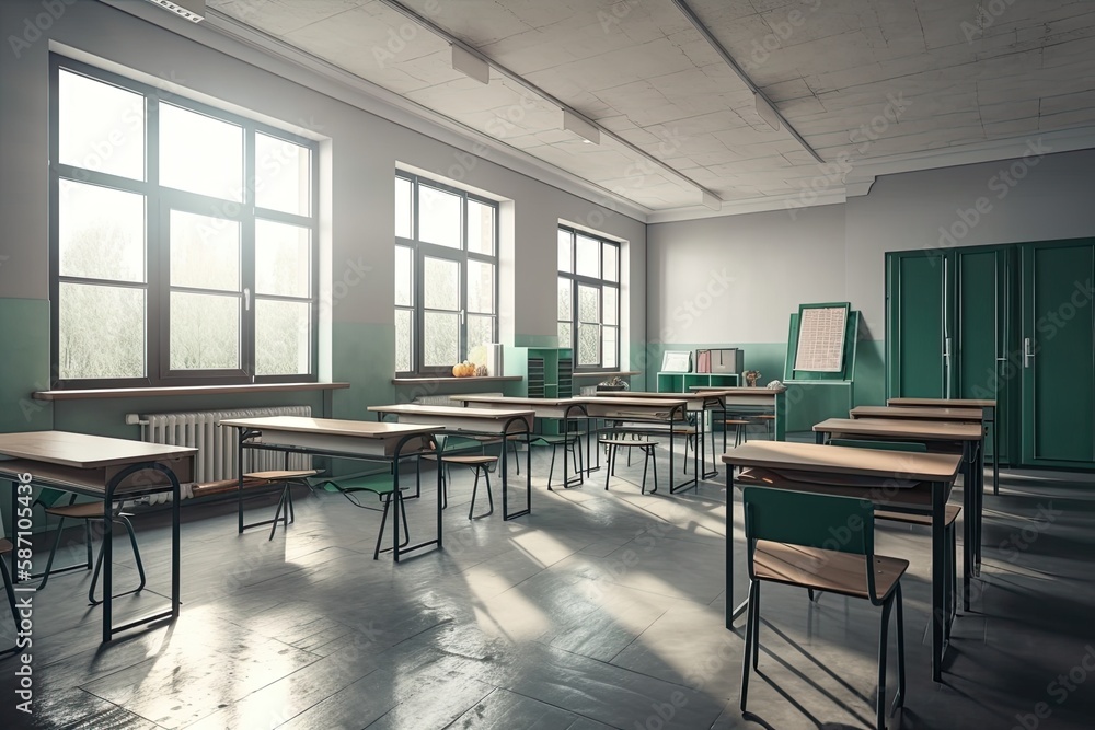 Classroom school.Interior of clean spacious classroom ready for new school year. Empty room with whi