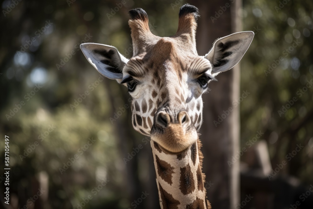 a close up of a giraffe with an odd, amusing face. Generative AI