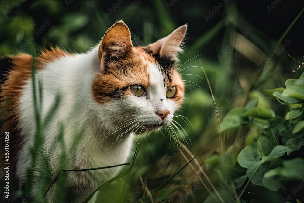 Turning back, an orange, black, and white cat is on a green field. Generative AI