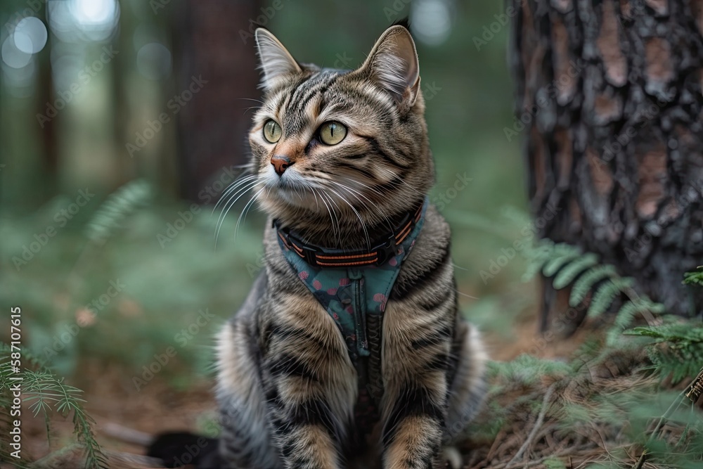 A domestic cat with a harness walks on the street under a Christmas tree in the grass during the sum