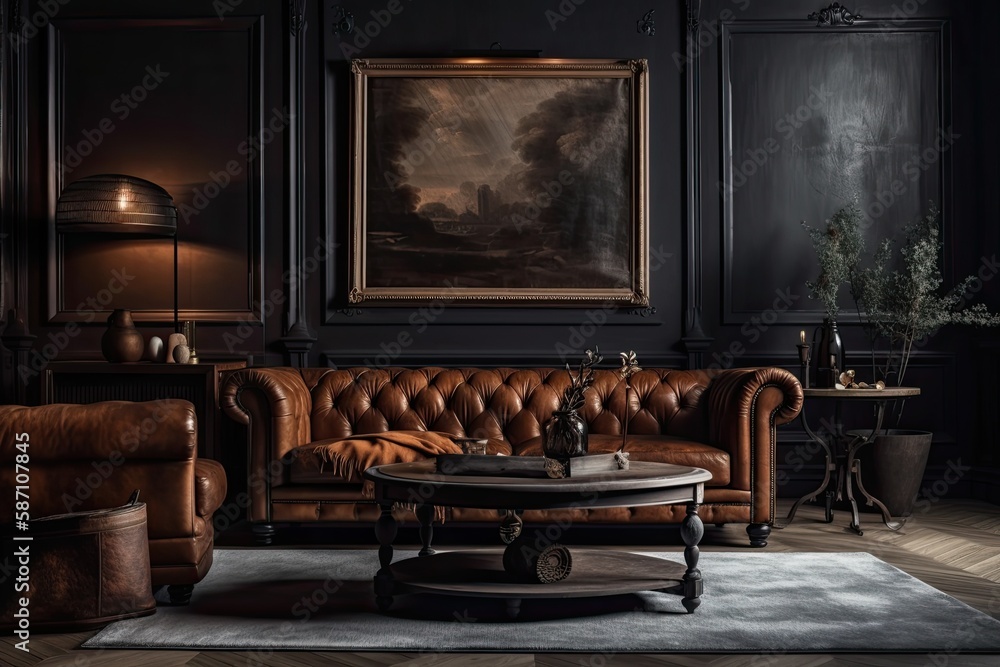 Dark house interior backdrop, brown living room with leather couch and black wooden furniture,. Gene