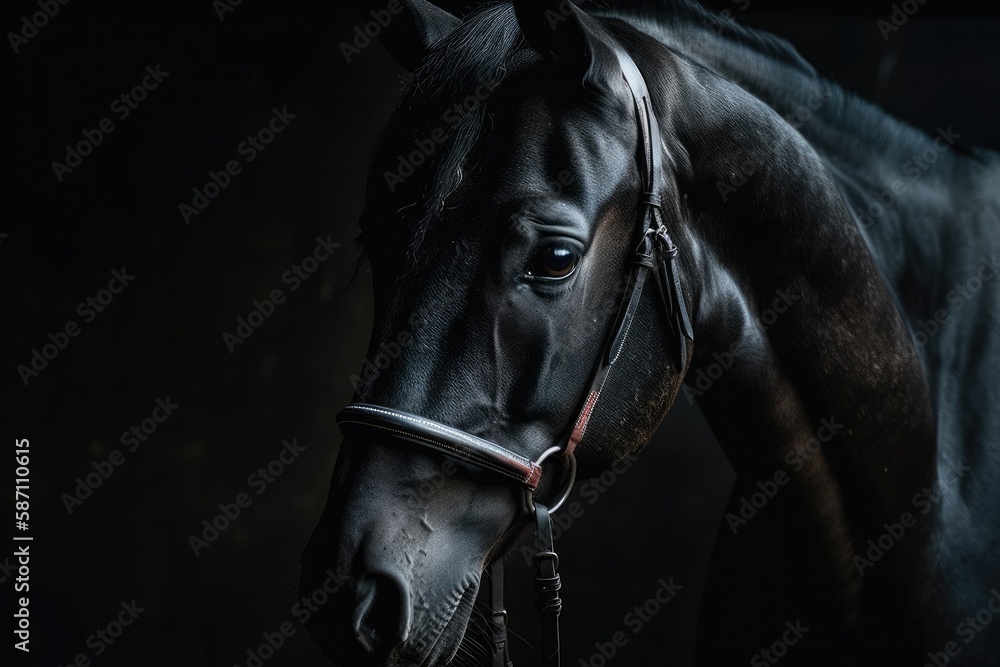 Incredible black stallion on a black background. Portrait in low light. Generative AI