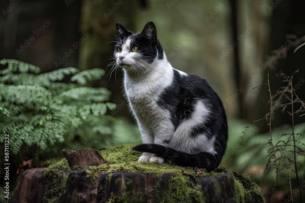 A black and white cat perches on a tree trunk. Moss has grown over the stump. Generative AI