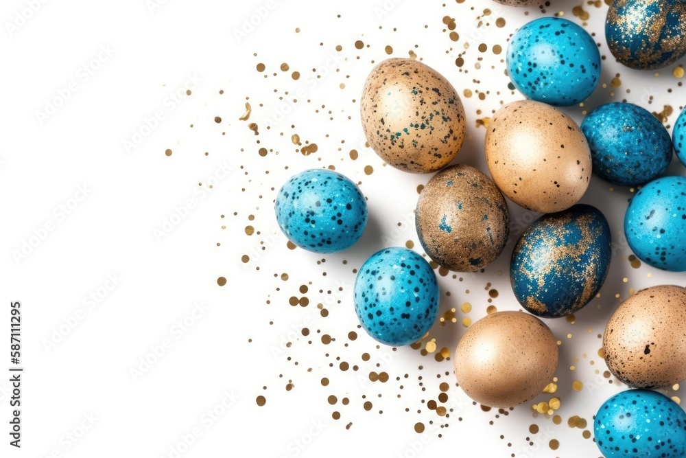 Blue and Gold Speckled Eggs on a White Surfac. Generative AI