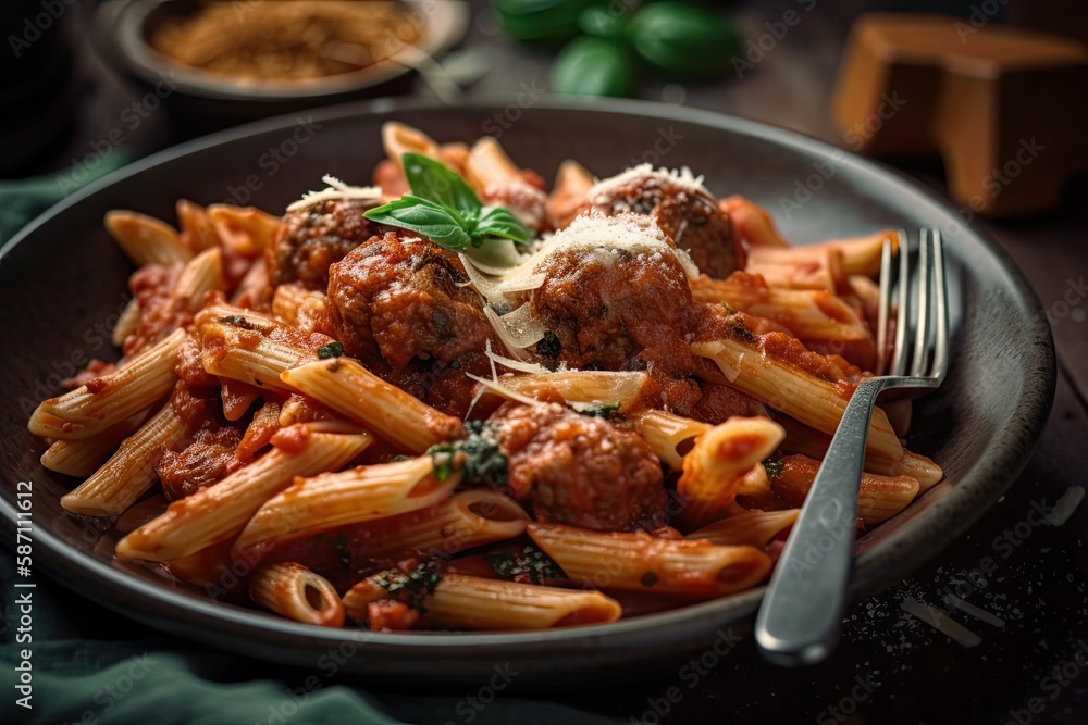 In a white bowl, there is penne pasta with meatballs in tomato sauce. a top view. Generative AI