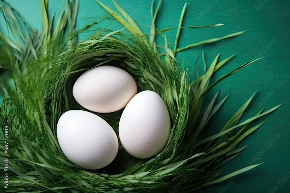 three eggs nestled in a bed of green blades of grass. Generative AI