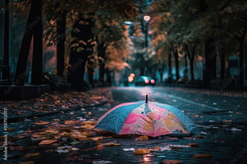 Rainy weather, autumn leaves blowing over the road, and a pink umbrella resting on the pavement duri