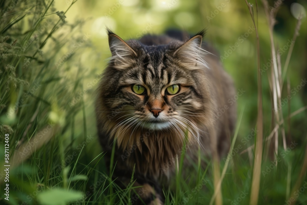 On a summer day, a lovely, fluffy brown cat with stripes strolls through a field of lush grass. scan