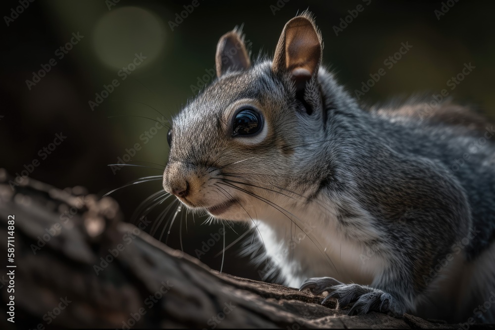 On a branch, a grey squirrel. Generative AI