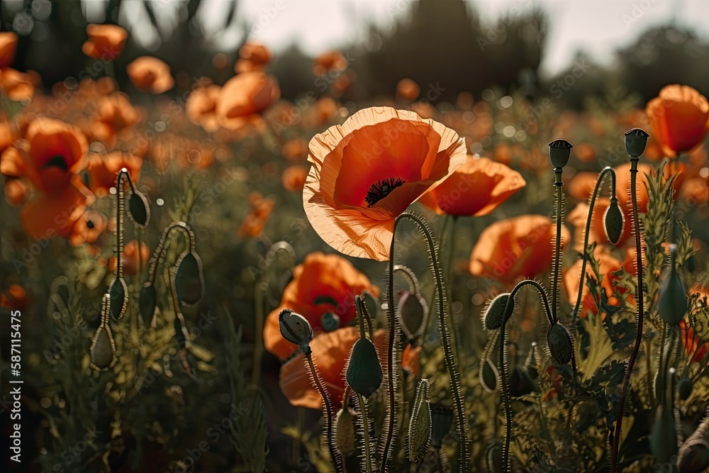 orange flower field with a blue sky background. Generative AI