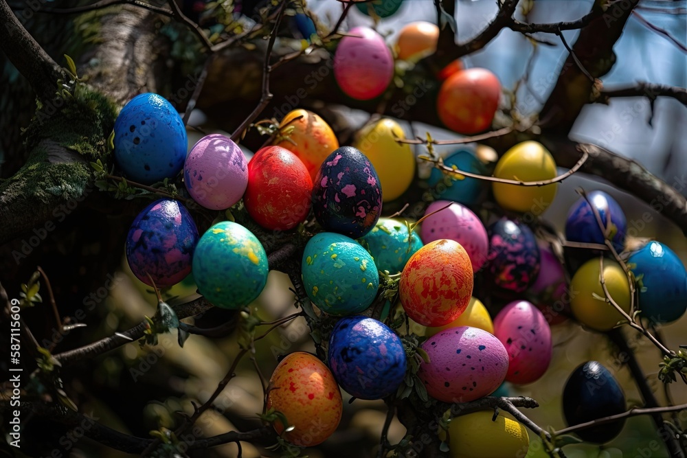 colorful Easter eggs hanging from a tree branch. Generative AI