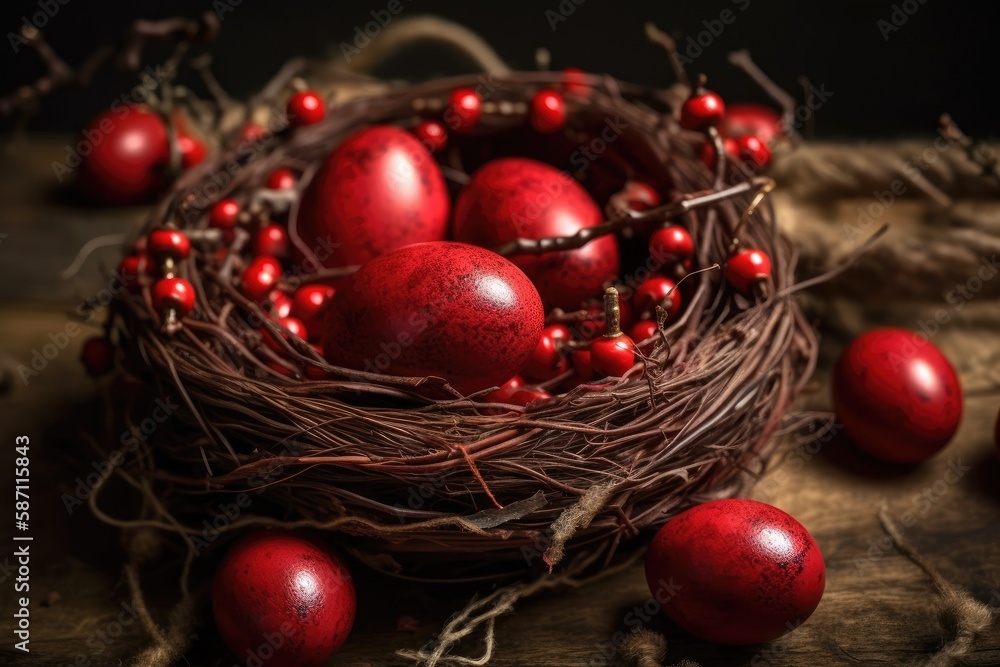 nest filled with red eggs on a wooden table. Generative AI