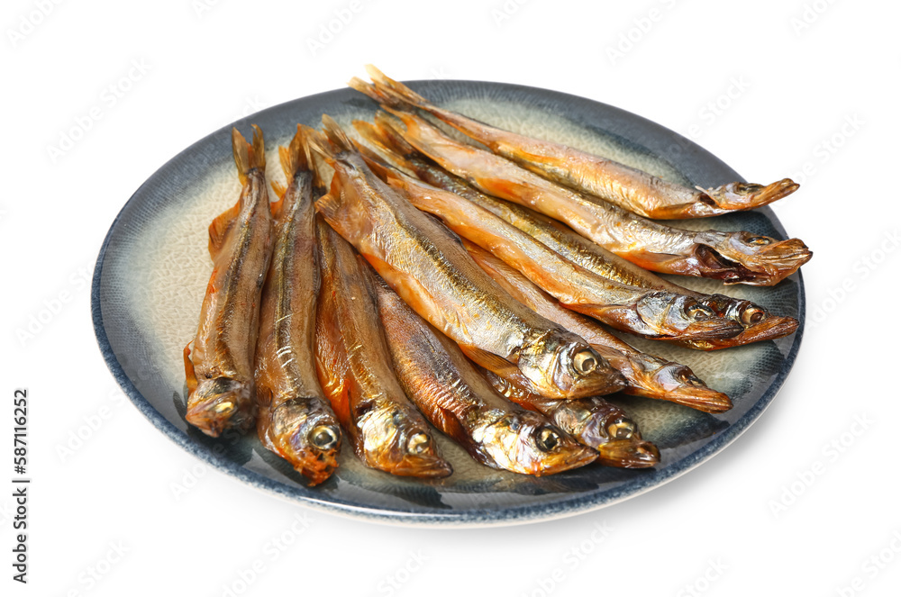 Plate with delicious smoked capelin isolated on white background