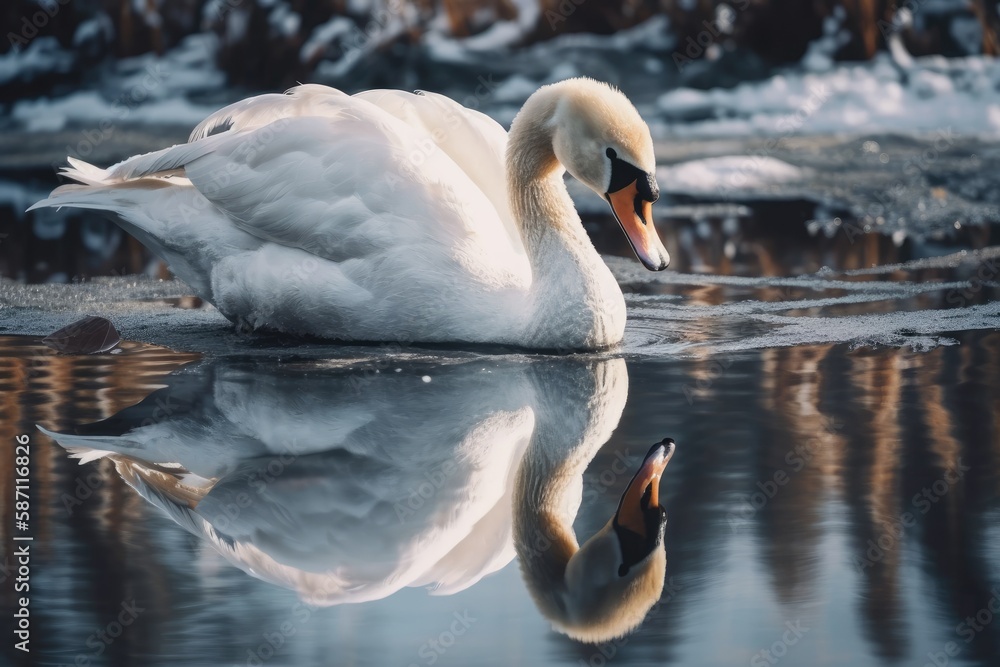 Reflection of white swan paws on ice. Generative AI