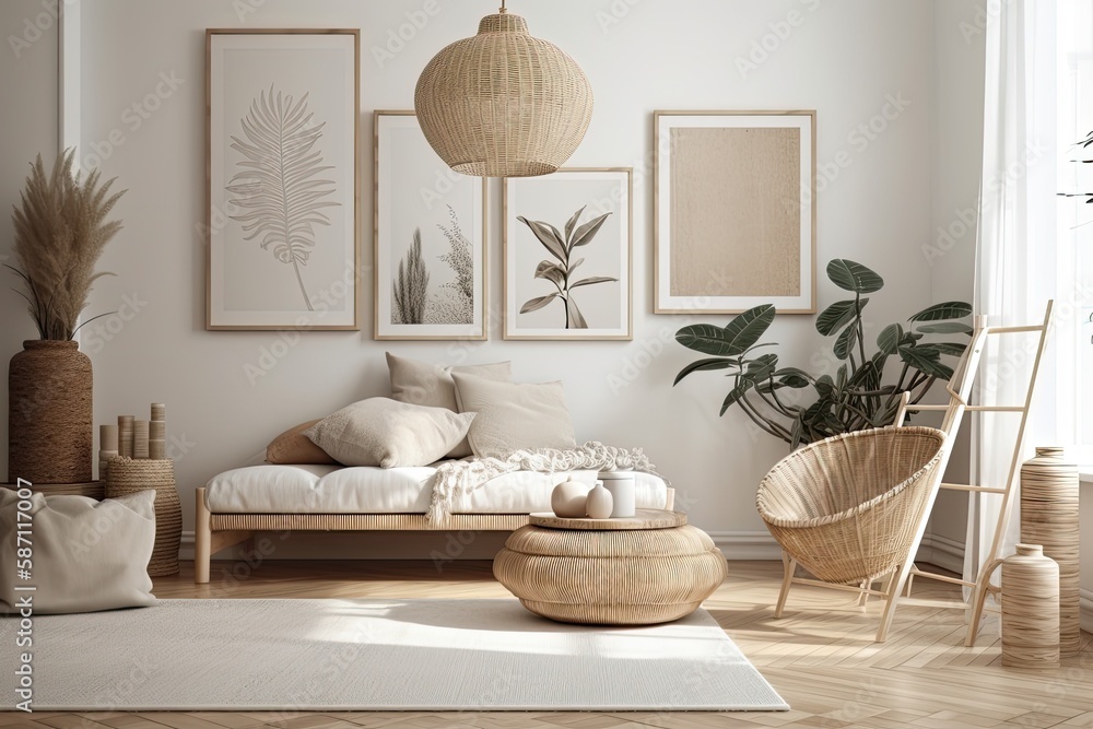 Scandi Boho mockup frame on interior background, soft pastel hues. Generative AI