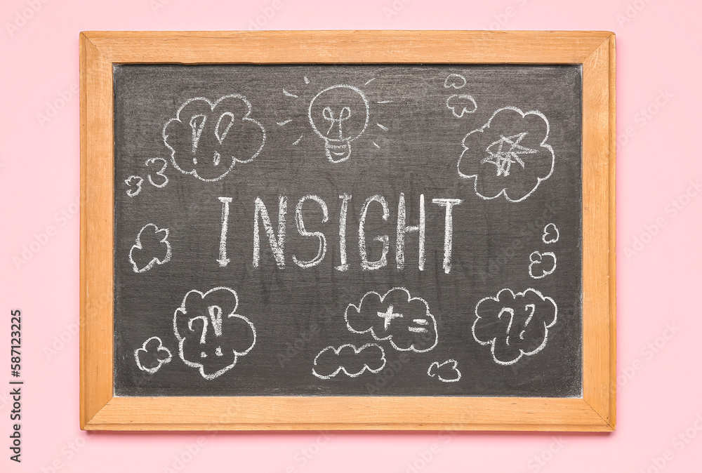 Chalkboard with word INSIGHT and drawn speech bubbles on pink background